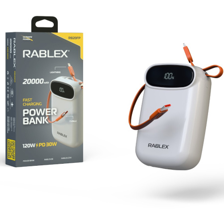 Повербанк Rablex RB20FP, 20000 mAh, Lightning, Type-C, быстрая зарядка 120W, PD30W
