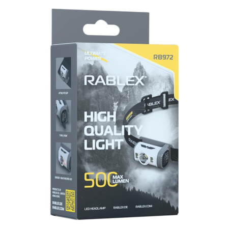 Налобный фонарь Rablex RB972, Белый+Красный+синий свет, стробоскопическоп, 500 Lumen, Type-C, Сенсор