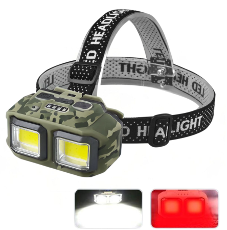 Налобный фонарь HX-M816-2COB(White+Red) CAMOUFLAGE, Waterproof, 1x18650, ЗУ Type-C