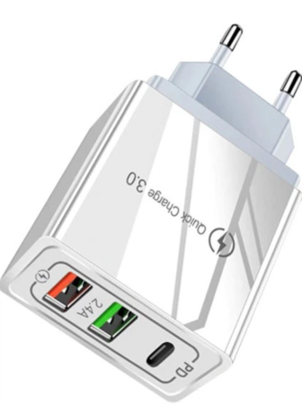 Сетевое зарядное устройство 20W, QC3.0, USB + USB 2.4A + PD 2.1A, White