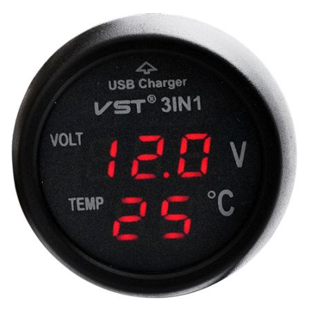 Вольтметр с термометром + 1 USB в автомобиль VST-706-1, кр.