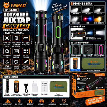 Ручний ліхтар YEMAO YM-G640, 4000 LM, 60 Вт LED, 1*33140 акумулятор, TYPE-C