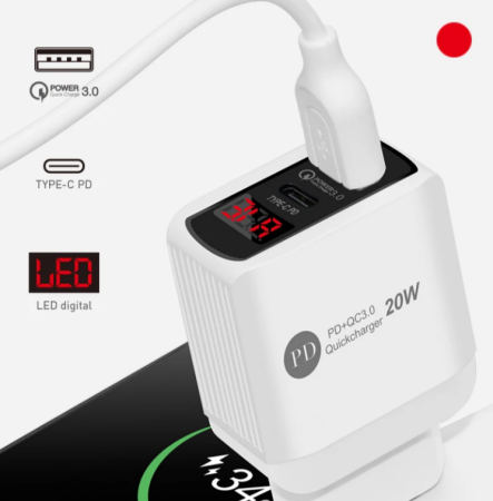 СЗУ Сетевое зарядное устройство PD PKG034, 2*USB, QC3.0, 25W, LED