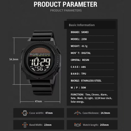 Часы наручные SKMEI 2358BKBK, BLACK-BLACK, Solar Power, 11464