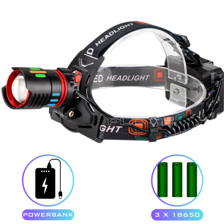 Налобный фонарь Bailong CT012-3Q-TG, Белый, 3x18650, 1 режим, power bank, ЗУ Type-C, zoom