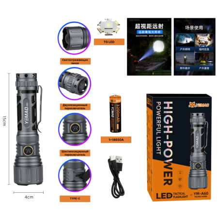 Ручной фонарь YEMAO YM-А60, 1200LM, TG LED, Zoom, 1x18650 аккум, TYPE-C 