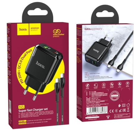 СЗУ Сетевое Зарядное Устройство Hoco N5, быстрая зарядка 20W, Type-C - Lightning СЗУ Сетевое Зарядное Устройство Hoco N5, быстрая зарядка 20W, Type-C - Lightning