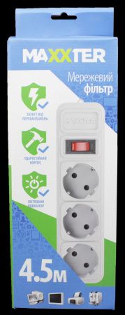 Сетевой фильтр Maxxter SPM3-G-15G 3 гнезда, 4.5 метра