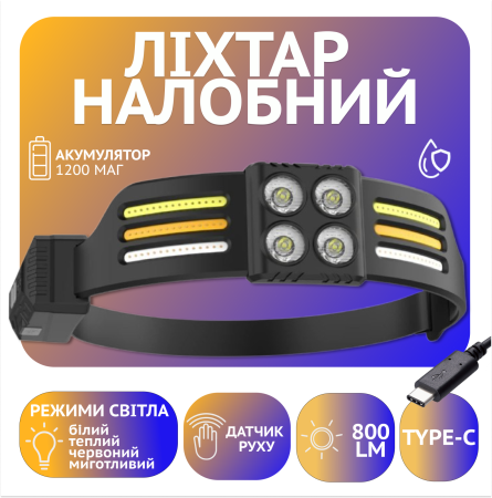 Налобный фонарь PL-173, 4хLED, 3хCOB, Красный, Белый, Жёлтый, ЗУ Type-C, Сенсор