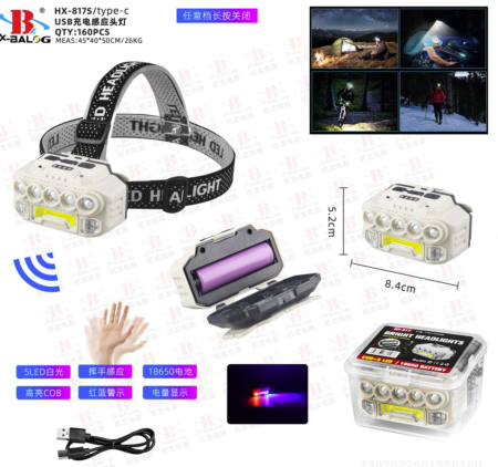 Налобный фонарь HX-817S-COB, Белый, Красный, Синий, Motion Sensor, Waterproof, 1x18650, ЗУ Type-C