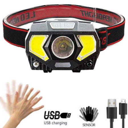 Налобный фонарь W-7707, JQ-2201, XPE-2COB красный+1LED синий, сенсор, вело крепление, ЗУ micro USB