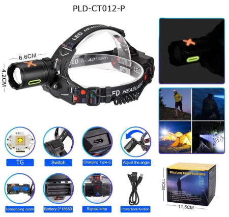 Налобный фонарь CT012-P-TG, 2x18650, ЗУ Type-C, signal light, zoom