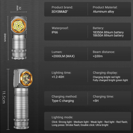 Налобный фонарь YEMAO YM-T355X, 2000LM, (White+Red), Сенсор, ЗУ Type-C