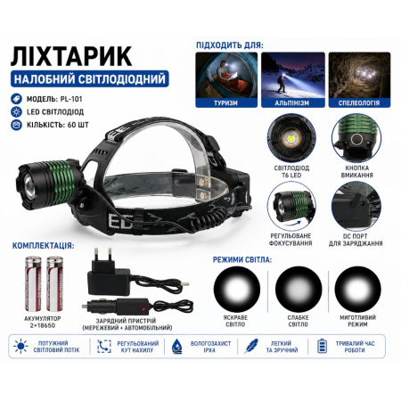 Налобный фонарь Bailong BL-2188-T6, RB101, T6, Zoom, MicroUSB