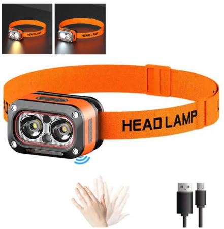 Налобный фонарь G08-2XPG, Белый; Жёлтый, LED Красный, Motion Sensor, Li-Ion аккумулятор, ЗУ Type-C