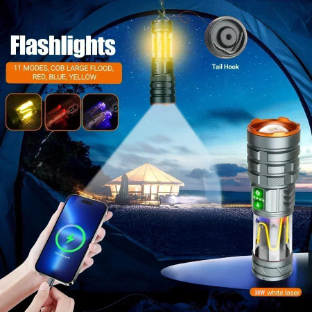 Ручной фонарь YEMAO YM-G580, 2500LM, 30W LED, 1*26650 аккум, TYPE-C 