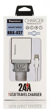 Сетевое зарядное устройство REDDAX RDX-027 (12W, 2.4A, USB) + кабель MicroUSB, White/Gray