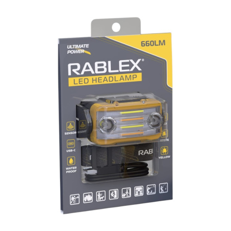 Налобный фонарь Rablex RB977, жёлтый+белый+красный, 3хT6+4хCOB, Sensor, аккум, Type-C