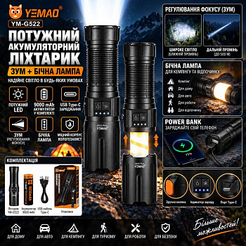 Ручний ліхтар YEMAO YM-G522 TG 30W, 1x40700, ЗУ Type-C, zoom