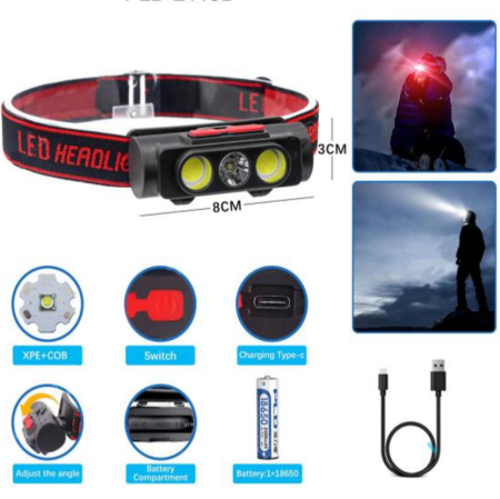 Налобный фонарь PLD-2119B-XPE, 2COB, PL-138, Белый, Красный, 1х18650, ЗУ Type-C