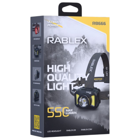 Налобный фонарь Rablex RB666, белый+красный, 550 lumen, аккум, Type-C