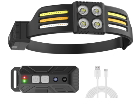 Налобный фонарь PL-173, 4хLED, 3хCOB, Красный, Белый, Жёлтый, ЗУ Type-C, Сенсор