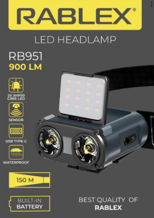 Налобный фонарь Rablex RB951, красный+белый свет, 2хXPL+16хCOB+1хRED COB, аккум, Type-C