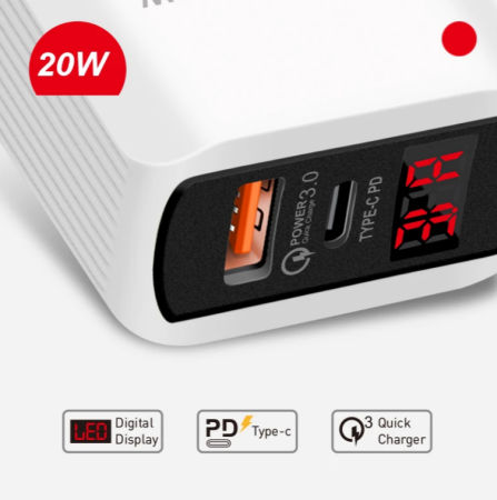 СЗУ Сетевое зарядное устройство PD PKG034, 2*USB, QC3.0, 25W, LED