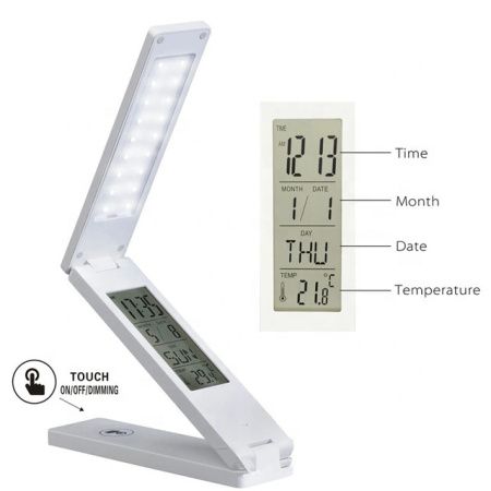 Настольная LED лампа аккумуляторная 18LED/ Часы+Дата+Температура/ ЗУ MicroUSB