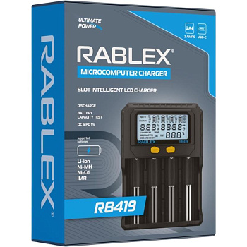 Зарядний пристрій Rablex RB419, 4 слоти, 2 А, LCD-дисплей, перевірка ємності, QC/PD