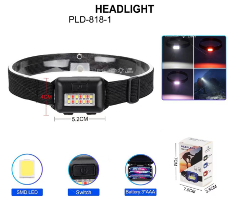 Налобный фонарь PLD-818-1-8SMD, Белый, Красный, 3xAAA