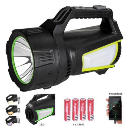 Ручной фонарь T100A-10W+2COB, Белый, Красный, Синий, power bank, 4x18650, ЗУ Type-C Ручной фонарь T100A-10W+2COB, Белый, Красный, Синий, power bank, 4x18650, ЗУ Type-C