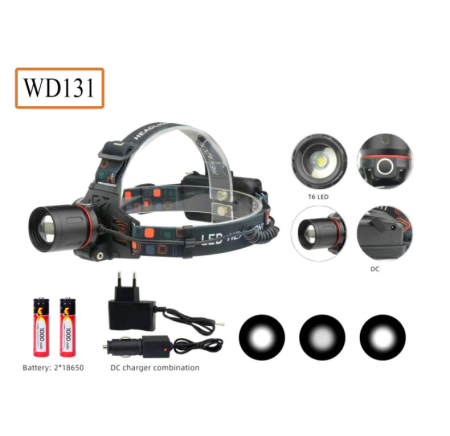 Налобный фонарь WD131, Акк., T6 LED, Zoom