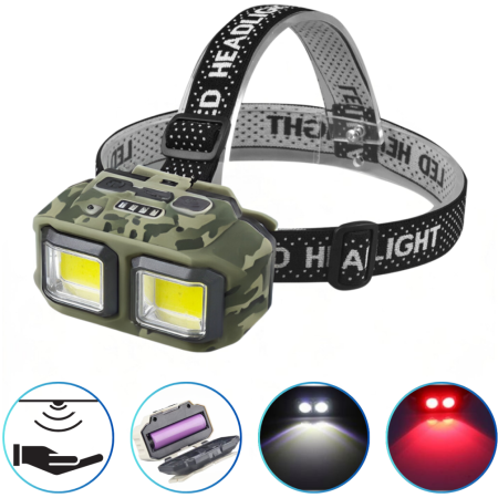 Налобный фонарь HX-M816S-2COB(White+Red) camouflage, Motion Sensor, Waterproof, 1x18650, ЗУ Type-C