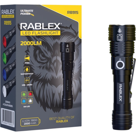 Ручной фонарь Rablex RB915, Синий+Красный+Зеленый+Белый, 4T6, 1х18650 аккум., zoom, Type-C, 2000LM