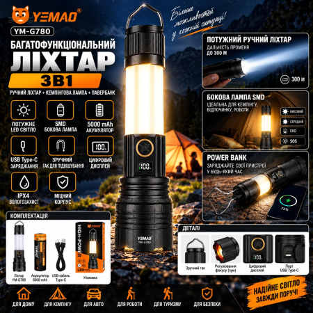 Ручной фонарь YEMAO YM-G780 1x26650, ЗУ Type-C, zoom