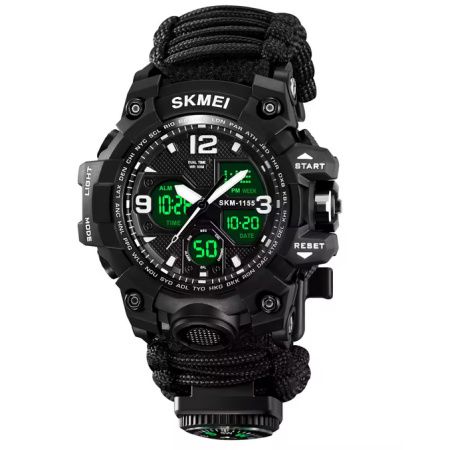 Часы наручные SKMEI 1155BKBK, PARACORD, Black, Compass, термометр, свисток, кресало, 10459