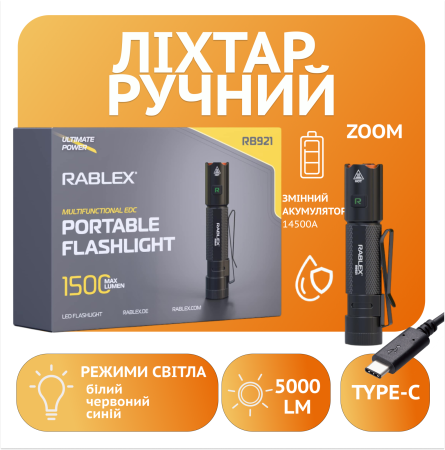 Ручной фонарь Rablex RB921, XHP35 LED,  Zoom, ЗУ Type-C,