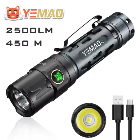Ручной фонарь YEMAO YM-А7, 2200LM, P80 LED, Zoom, 1x21700 аккум, TYPE-C 