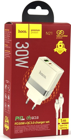 СЗУ Сетевое Зарядное Устройство Hoco N21, быстрая зарядка 30W, Type-C - Lightning