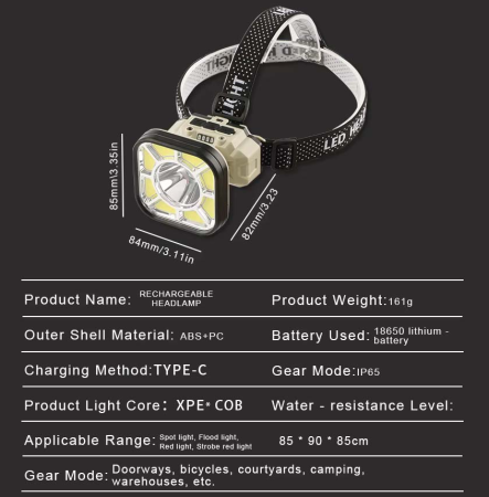 Налобный фонарь 826X-XPE+8COB(White+Red), 1x18650, вело крепление, ЗУ Type-C