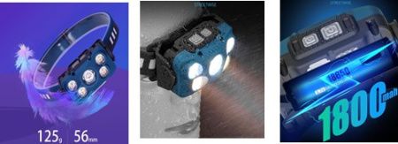 Налобный фонарь Rablex RB960, жёлтый+белый+красный, 5хCOB, Sensor, аккум, Type-C