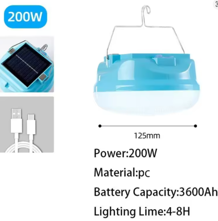 Фонарь для кемпинга LED-7, 200W, аккумулятор, ЗУ Type-C, солнченая панель, крюк Фонарь для кемпинга LED-7, 200W, аккумулятор, ЗУ Type-C, солнченая панель, крюк