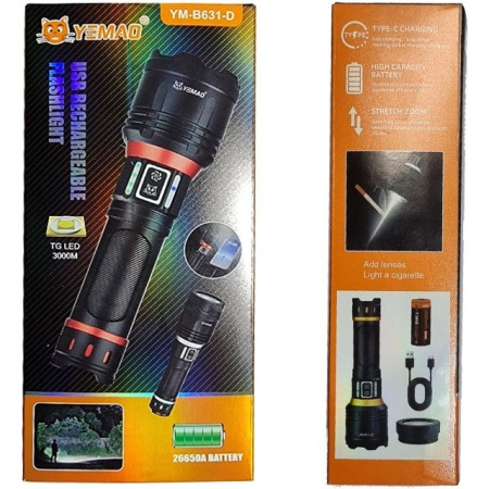 Ручной фонарь YEMAO YM-B631-D, 2500LM, 30W LED 1*26650 аккум, TYPE-C