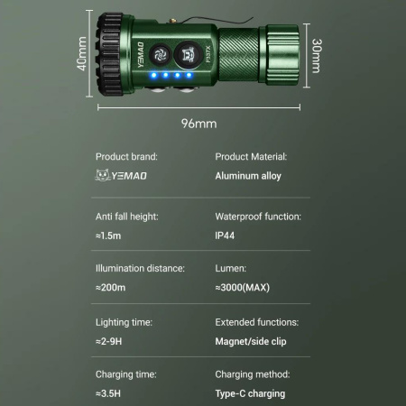 Ручной фонарь YEMAO YM-F337X, 3500LM, 8*XTE LED, красный, синий, зеленый и ультрафиолетовый,  TYPE-C