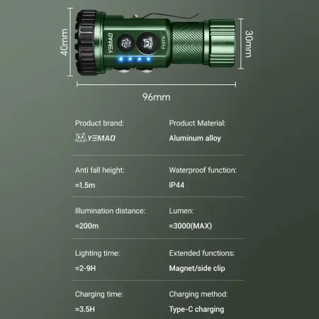 Ручной фонарь YEMAO YM-F337X, 3500LM, 8*XTE LED, красный, синий, зеленый и ультрафиолетовый,  TYPE-C