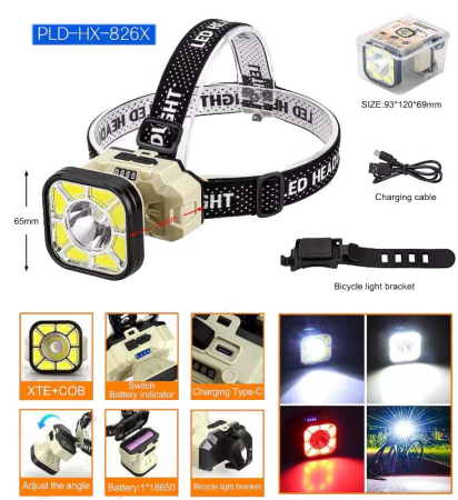 Налобный фонарь 826X-XPE+8COB(White+Red), 1x18650, вело крепление, ЗУ Type-C