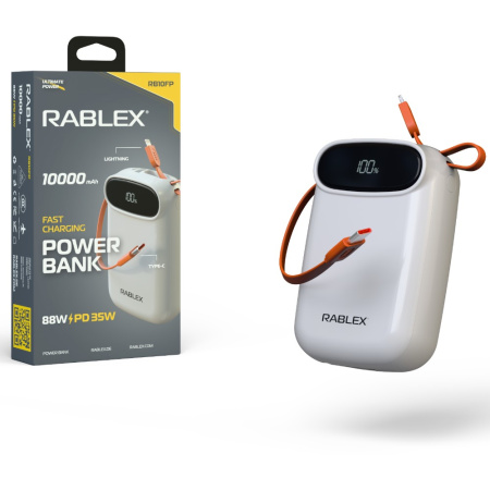 Повербанк Rablex RB10FP, 10000 mAh, Lightning, Type-C, быстрая зарядка 88W, PD35W