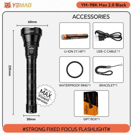 Ручной фонарь YEMAO YM-98K2.0, 2840LM, TG LED, Zoom, 1x21140 аккум, TYPE-C 