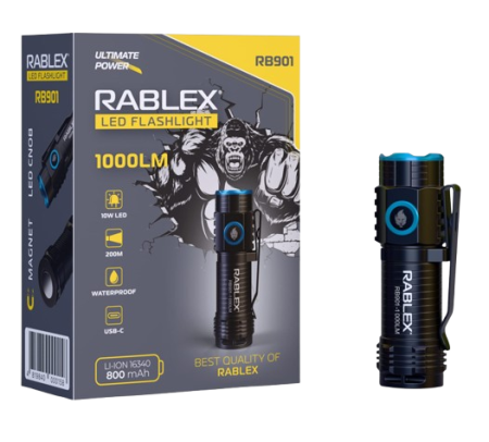 Ручной фонарь Rablex RB901, Li-ion 16340, Zoom, ЗУ Type-C,